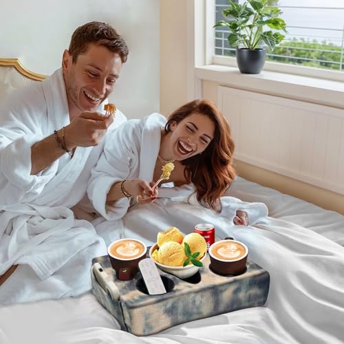 Couch Cup Holder Pillow, 5 Hole Couch Drink Holder! Keep Drinks Hand Side and Keep Temp, Prevent Spills and Use Anywhere. Cup Holder for Couch, Bed, Camping, RV, Car, Beach. Beige Gray - color: Beige Gray