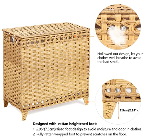 Laundry Hamper with 3 Removable Liner Bags; 132L Handwoven Rattan Laundry Basket with Lid & Heightened Feet; Clothes Hamper with Side Handles; Laundry Sorter with 3 Separate Sections - color: Natural, size: 132L-3 Section