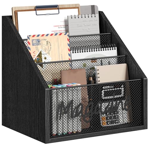 YATINEY Magazine Holder, Wood Magazine Rack Floor, Mail Organizer Countertop, Magazine Mail Holder Sorter, Record Holder for Magazines, Books, Newspapers, Tablets, Black MR02BB - color: Black