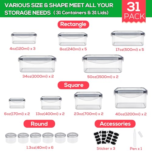 62PCS Thicker Food Storage Containers with Lids Airtight Leakproof, BPA Free Plastic Kitchen Food Storage Containers, Stackable Reusable Meal Prep Food Containers with Lids, Freezer Microwave Safe - size: 476oz-31 Pack