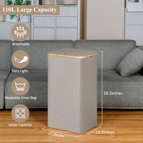 IEGrow Laundry Basket with Lid, Large Laundry Hamper with Handle and Lid, Collapsible Clothes Basket Organizer with Removable Inner Bag for Clothes Toys Towels (Oatmeal, 110L) - color: Oatmeal, size: 110L