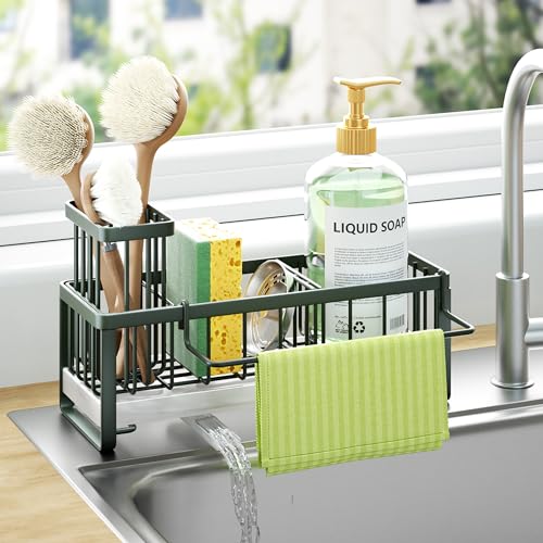 HapiRm Sponge Holder for Kitchen Sink - Self-draining Sink Caddy with Brush and Dishcloth Holders, Stainless Steel Kitchen Organizer for Countertop - Green - color: Green, size: with Dishcloth Holder
