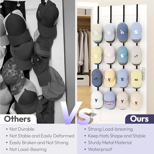 SWTYMIKI Over Door Hat Rack - 4 Packs Metal Hanging Hat Organizer with 16 Hooks Design, Baseball Cap Hanger Organizer Storage Holds up to 80 Caps for Door, Bedroom, Closet - color: black, size: 4 Pack