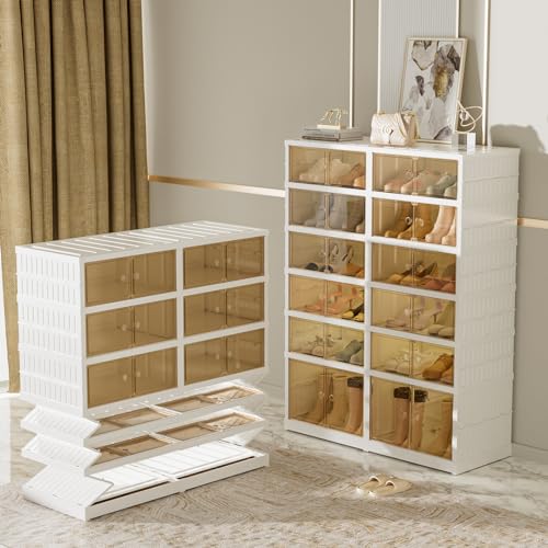 6-Tier Portable Shoe Rack Organizer for Closet, 24 Pairs Shoe Container Bins, Clear Plastic Collapsible Shoes Storage Box, Stackable Sneaker Storage Shoe Cabinet with Door - size: 6 Tiers - 24 Pairs