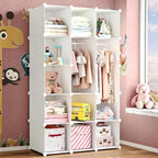 Modular Baby Wardrobe Closet, Portable Children Organizers and Storage for Nursery,15 Cubes with Hanging Rods,Multi-Functional Kids Storage Shelf-Bedroom Clothes Armoire (Boys & Girls)