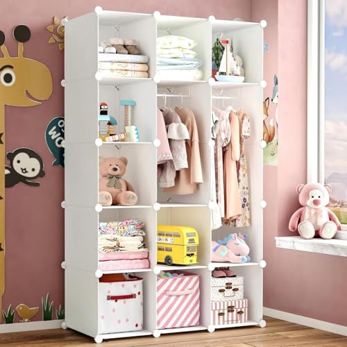 Modular Baby Wardrobe Closet, Portable Children Organizers and Storage for Nursery,15 Cubes with Hanging Rods,Multi-Functional Kids Storage Shelf-Bedroom Clothes Armoire (Boys & Girls)