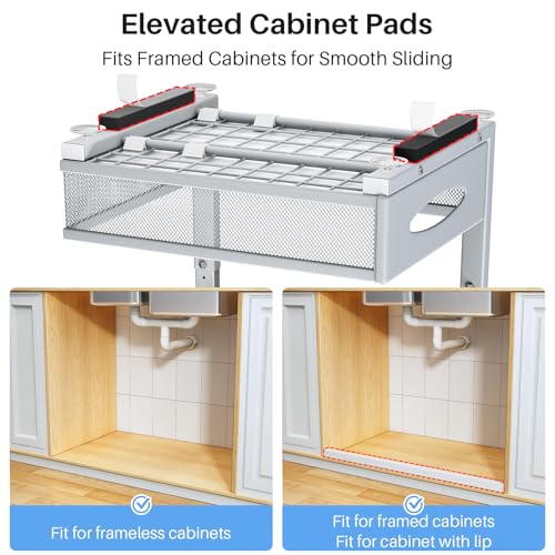 Under Sink Organizer, 2 Pack 2 Tier Pull Out Under Cabinet Organizer Shelf with Pad for Framed Cabinets, Metal Slide Out Under Sink Storage, Mesh Sliding Drawers for Kitchen Bathroom Laundry, Grey - color: Grey, size: 2-Pack