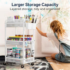 YASONIC 3 Tier Rolling Cart – Metal Utility Storage Carts with Wheels, Craft Carts Organizer with Hanging Cups, Hooks, Mesh Basket for Bedside Kitchen Office Art, White - color: White