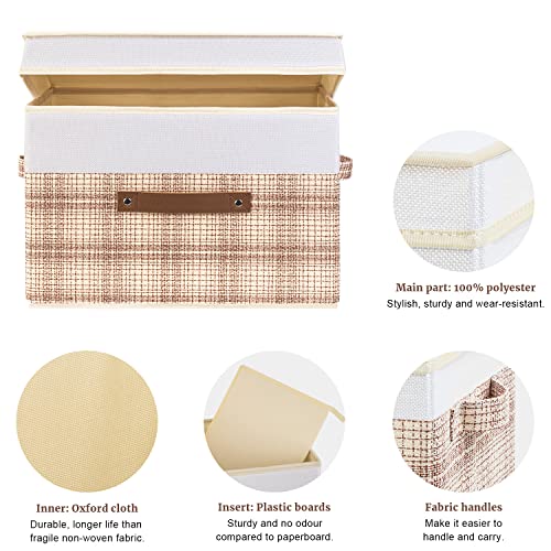 TYEERS Collapsible Storage Bins with Lids, Patchwork Design, Washable, Fabric Storage Boxes, 14.9x9.8x9.8 inches, 5 Pack, Camel Tan - color: Camel Tan & White, size: 5-pcs 14.9x9.8x9.8 in