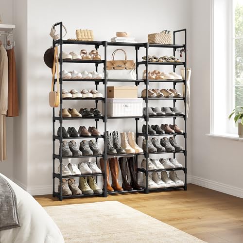 WOWLIVE 9 Tiers Large Shoe Rack Storage Organizer for Closet 50-55 Pairs Shoe Tower Unit Shelf Stackable Shoe Rack with Metal Pipes Plastic Connectors Black(SSS3B9) - color: Black, size: 3 Row 9 Tier