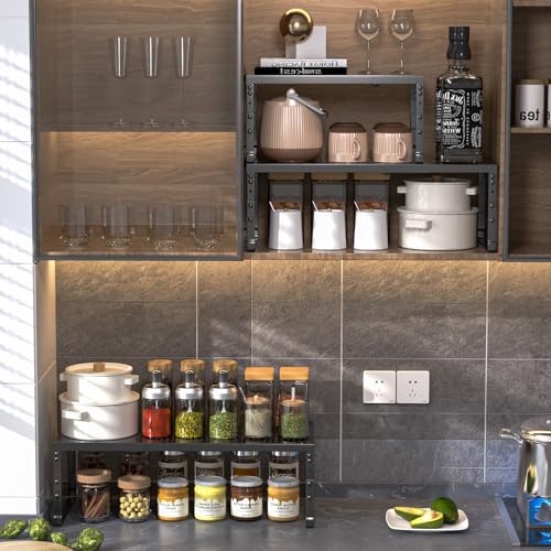 Cabinet Shelf,Expandable Adjustable Stackable Kitchen Organizer,for cabinets, Kitchens, countertops, bathrooms Shelf Organizer(2Packs/Black,Large) - color: Black, size: 2 PACKS/BLACK/LARGE
