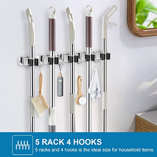 IMILLET 2 Pack Wall Mount Broom Holder Stainless Steel 5 Racks with 4 Hooks Broom Organizer Self Adhesive Heavy Duty Laundry Room, Garage Organization Storage - color: 5 Racks with 4 Hooks, size: 2 Pack