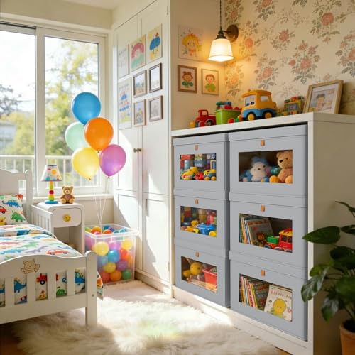 DIMJ Storage Bins with Lids - 4 Pack Large Fabric Closet Organizer with Window & Handles, Collapsible Decorative Storage Boxes for Shelves Under Bed, Books Clothes Blankets Sweaters Organization - color: Gray, size: Small-4 Pack