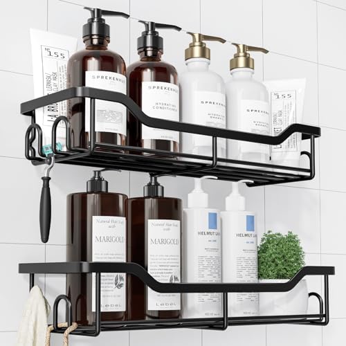 Kitsure Shower Caddy Large - Adhesive Shower Organizer, Stainless Steel Shelf for Inside Shower, No Drill Bathroom Organizers and Storage, Home Decor Accessories, 2 Pack, Black - color: Black, size: Large