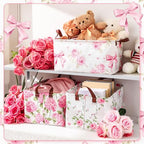 Boao 3 Pcs Pink Hydrangea Foldable Storage Baskets Pink Flower Laundry Basket with Handles Waterproof Storage Bins Fabric Shelf Baskets for Organizing Closet Clothes - style: Pink Floral