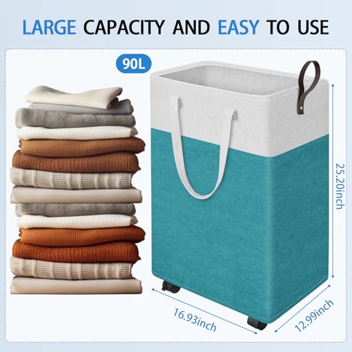 HomeHacks 90L Large Rolling Laundry Basket, Laundry Hamper with 4 Smooth Wheels, Collapsible Waterproof Clothes Basket, Freestanding Hamper with Handles for Bedroom/Dorm/Laundry Room (Green) - color: Green, size: 90L