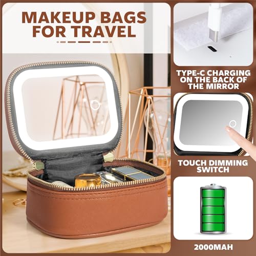 Mini Makeup Bag with Led Mirror, Small Travel Make up Bag 3 Light Modes Adjustable Brightness, for Women Organizer Cosmetic Bag, Portable Travel Train Toiletry Bag, for Pool Parties Work Touch-Ups - color: Brown