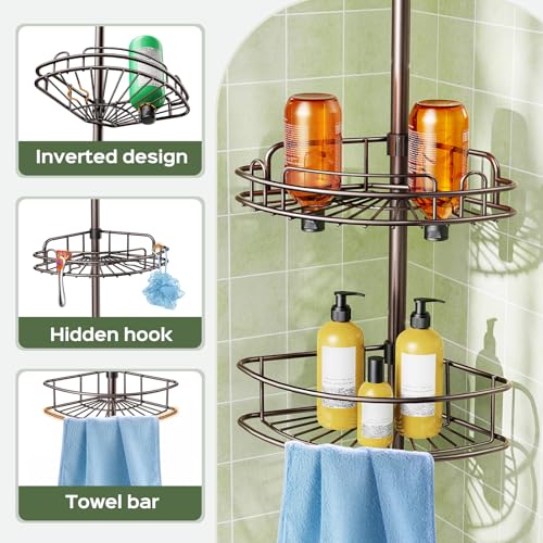 HAMITOR Corner Shower Caddy Tension Pole: 4-Tier Rust-Resistant Adjustable Bathroom Organizer Shelves - 47-121 Inch No-Drill Quick Installation - Space-Saving Storage for Renters Families - Bronze - color: Bronze