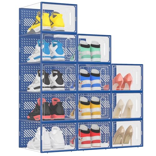 eWonLife Large Shoe Organizer Storage Box with Magnetic Door,12 Pack Clear Plastic Stackable Sneaker Containers for Closet, Connect Left and Right Shoe Box for Entryway, Drop Front, Under Bed (Blue) - color: Blue