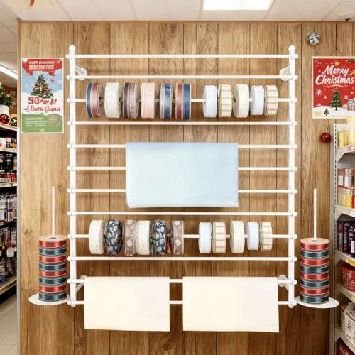 12 Layers 120cm White Wall Display Stand Wrapping Paper Ribbon Organizer Holder Storage Scarf Tie Belt Towel Spool Sewing Tool Hijab Metal Shelving for Home, Retail Stores, Flower Shop, Studio - color: White, size: L: 47.2 in, H: 47.2 in