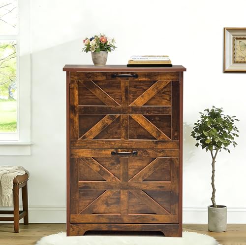 Shoe Storage Cabinet with 2 Flip Drawers, Farmhouse Shoe Organizer with Barn Door Design, Space-Saving Hidden Narrow Shoe Rack Cabinet for Entryway, Hallway & Foyer, Brown - color: Brown, size: 1 pcs-2 Flip Drawers