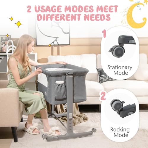 BABY JOY Bassinet Bedside Sleeper, 3 in 1 Folding Crib w/Adjustable Height, Mattress, Lockable Wheels, Storage Pocket & Carry Bag for Infant Newborn, Stationary & Rock, Portable Baby Bassinet (Grey) - color: Grey
