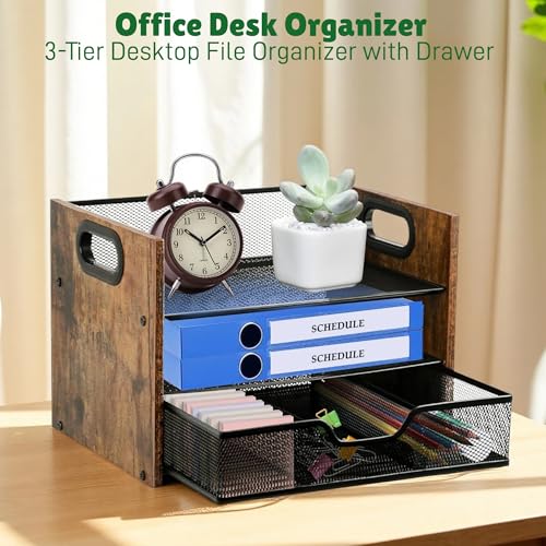 Wood Desk Organizer - 3-Tier Desktop File Organizer with Drawer, Wooden Paper Tray, Office Desk Organzier and Accessories for Papers, Mail, Notebooks, Stationery - size: 3 Tier Drawer