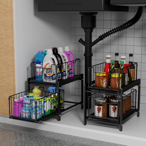 2 Tier Sliding Basket Drawer Organizer, Lxmons Pull Out Under Sink Cabinets Organizers, Metal Home Shelf for Bathroom or Kitchen, Sliding Countertop or Pantry Storage Shelf, Large Black - color: Black