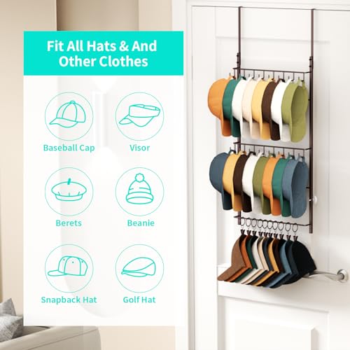 HapiRm Over Door Hat Rack - 3 Tier Wall Mounted Hat Organizer with 16 Hooks and 10 Movable Clips, Cap Hanger Storage up to 26 Caps for Door, Bedroom, Closet USPTO Patent Pending - color: Brown, size: 3 Tier
