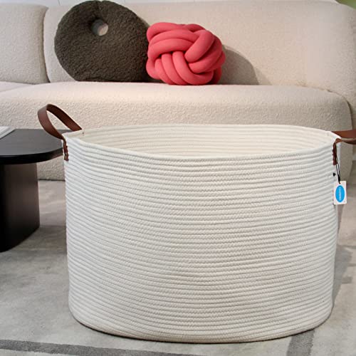 Casaphoria Extra Large Woven Cotton Rope Storage Basket for Organizing Towels Blanket Laundry Baskets for Bathroom,White Tall Laundry Basket for bedroom,Woven Hampe with Handles for Living Room - color: white