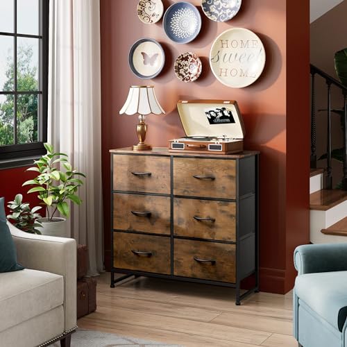 WLIVE Dresser for Bedroom with 6 Drawers, Closet Dresser with Metal Frame, Wooden Top, Fabric Dresser for Closet, Living Room, Hallway, Rustic Brown Wood Grain Print - color: Rustic Brown Wood Grain Print