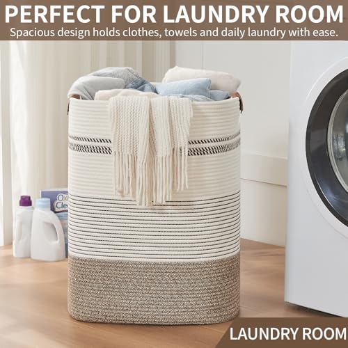 AINUOQI Laundry Hamper - Tall Woven Rope Laundry Basket - Clothes hamper with Leather Handles, 17" X 13.8" X 22", Blanket Storage Basket for Living Room, Rice Brown & White - color: Rice Brown & White, size: 85L
