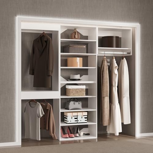 Modular Closet System, 60" Wide Closet Organizer System with Towers and Hanging, Wood Closet Tower Storage for Walk In Closets, Wall Mounted Wardrobe Organizer Kit System, Bedroom, White - color: White, size: 60" Wide, style: Tall Hanging + Double Hanging