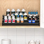 Spice Rack Organizer For Cabinet - 3 Tier Black Bamboo Wooden Expandable Display Shelf from 12.70 to 22.20 inch - color: Black