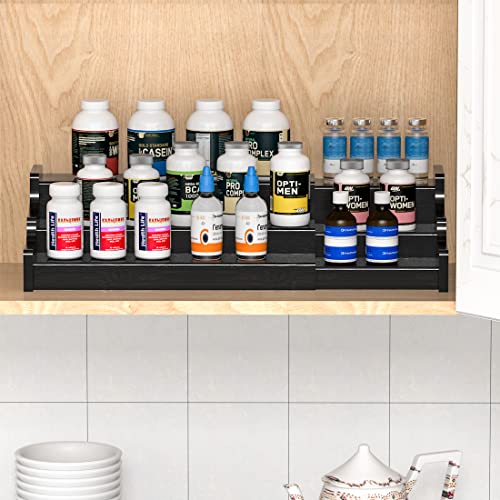 Spice Rack Organizer For Cabinet - 3 Tier Black Bamboo Wooden Expandable Display Shelf from 12.70 to 22.20 inch - color: Black