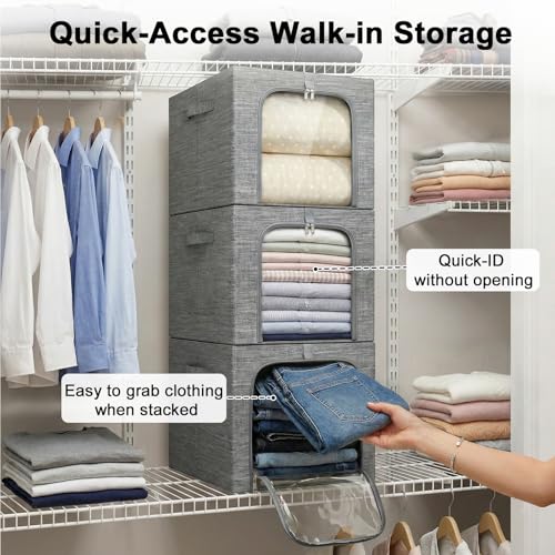 GoMaihe Clothes Storage Bin with Metal Frame: 6-Pack Stackable Closet Storage Bin with Lid & Clear Window, Sweater Boxes Storage for Closet Bedding Clothing Storage Organizer 40L - color: 6, size: 40L