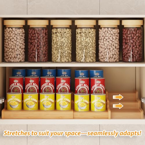 Expandable Bamboo Can Rack Organizer for Pantry, 3-Tier Adjustable Can Storage Holder, Soda Organizer Holds Up to 24 Cans, Canned goods Storage Display for Pantry, Cabinet, Countertop (patent pending) - color: Bamboo