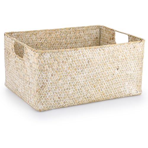 Hipiwe Wicker Shelf Baskets Seagrass Storage Opened Baskets Bin Built-in Handles Rectangular Closet Bedroom Organizer Box Multipurpose Woven Basket Home Organizer,Whitewash,14.6"x 10.6" x 7" - color: Whitewash, size: Large,14.6"x10.6"x7"