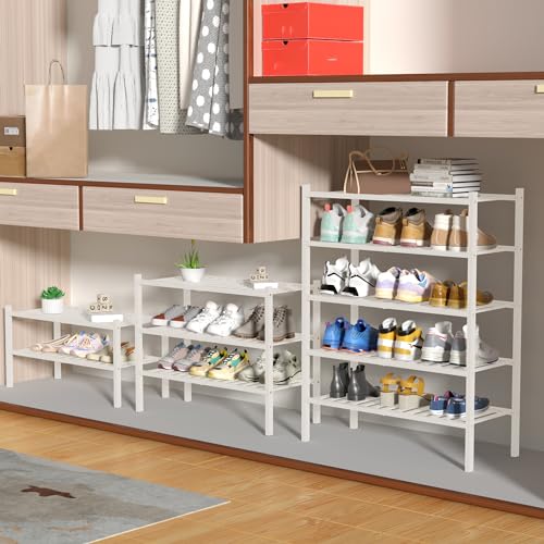 ROMGUAR CRAFT 4 Tier Bamboo Shoe Rack for Closet Free Standing Wood Shoe Shelf for Entryway Small Space Stackable 27"x11"x26" (White) - color: White, size: 4 tier