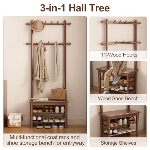 AQIMUELE Coat Rack with Shoe Storage, Narrow Wooden Hall Tree with Bench, 11 Hooks and 2-Tier Storage Shelves, 3-in-1, Entryway Bench with Coat Rack (23.6"-Walnut) - color: Walnut, size: 23.6"