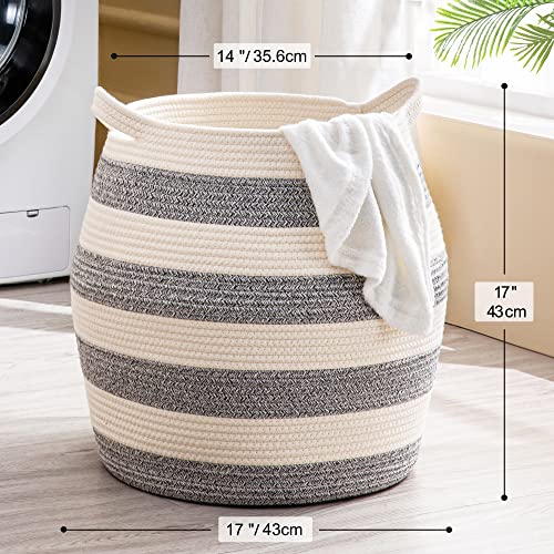 KAKAMAY Woven Baskets for Storage(17"x17"),Large Cotton Rope Basket Woven Baby Laundry Hamper,Collapsible Laundry Basket, Blanket Basket for Organizing Living Room,Nursery,Pillows,Toy Chest(Grey) - color: Grey and White