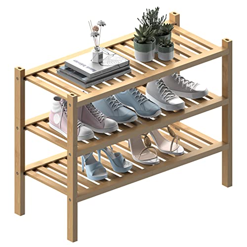 ROMGUAR CRAFT (Thick Bamboo Shoe Rack for Entryway, 3-Tier Free Standing Shoe Racks Stackable Shoe Rack Organizer for Hallway Closet Living Room 27 x12 x21 Inches - color: Natural, size: 3 Tier(Thick)