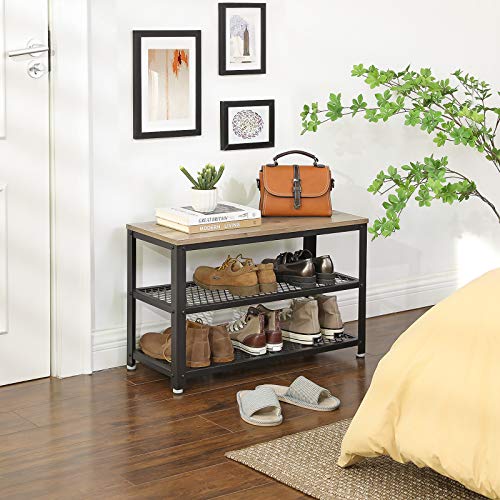 VASAGLE 3-Tier Shoe Rack, Shelf Storage Bench with Metal Mesh Shelves and Seat, Free Standing Shoe Organizer for Entryway, 11.8 x 28.7 x 17.7 Inches, Greige and Black ULBS73MB - color: Greige + Black, size: 28.7"W x 17.7"H, style: Bench