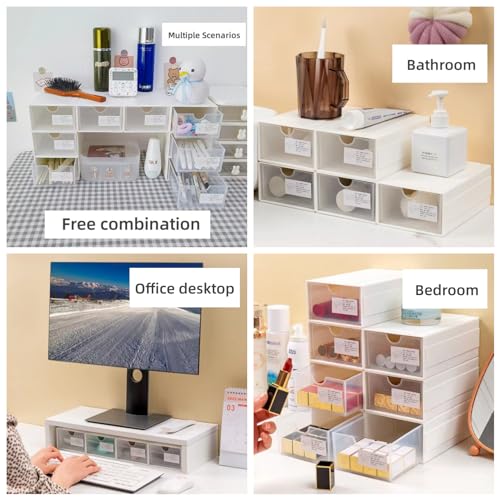 Feadily（4 Pack Plastic Desktop Storage Box with Clear Drawers, Can Be Freely Spliced and Combined, Small Parts Organizer, White