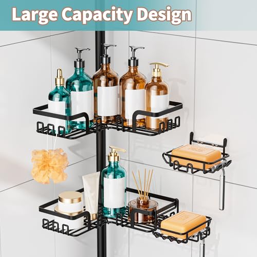 KEGII 2-in-1 Soap Holders x 2 & 32 Hooks Shower Caddy Tension Pole, Stainless Steel Adjustable Corner Shower Organizer for Bathroom, 25–114.2 Inches, Black - color: Black