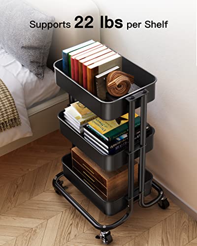 Pipishell 3 Tier Metal Rolling Utility Cart, Heavy-Duty Storage Rolling Cart with 2 Lockable Wheels, Multifunctional Mesh Organization Utility Cart for Kitchen Dining Room Living Room (Black) - color: Black, size: 3 Tier