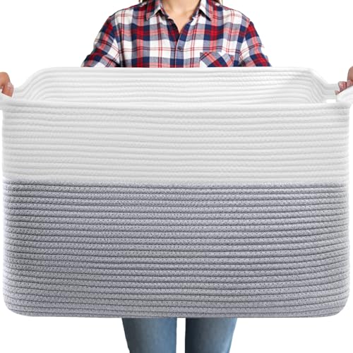 105L XXXL Large Blanket Basket, Rectangular Cotton Rope Basket, Laundry Hamper for Blankets, Pillows, Extra Large Toys Storage Bins for Kids, Dogs 25" x 16" x 16", White & Gray - color: Gray & White, size: 25" x 16" x 16"
