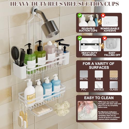 Shower Caddy Hanging for Bathroom Organizers and Storage, 3 Tier Adjustable Anti-Swing Shower Organizer hanging with Heavy-Duty Suction Cups, Damage-Free Rustproof (White) - color: WHITE, size: regular