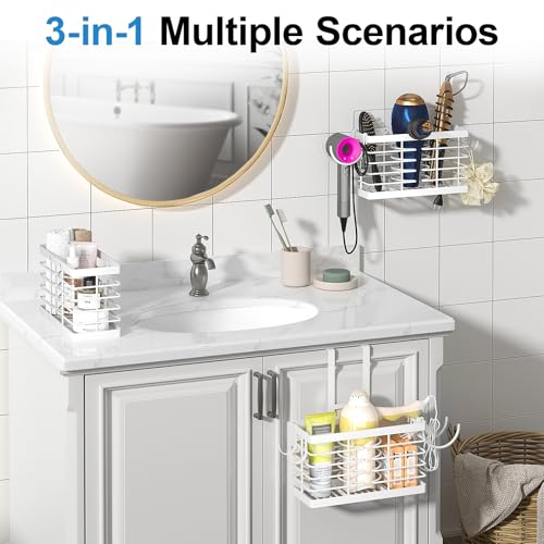 Sevenblue Hair Tool Organizer, 2026 Upgraded 3-in-1 Universal Hair Dryer Holder, Adjustable Height Metal Blow Dryer Holder Wall Mounted/Over Cabinet Door, Bathroom Organizer and Storage(White) - color: White