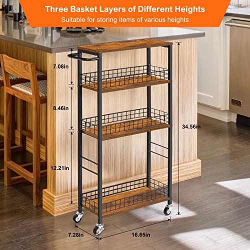 YBING Slim Storage Cart 4 Tier Narrow Kitchen Rolling Cart with Wooden Tabletop Mobile Utility Stand on Wheels for Bathroom Laundry Narrow Places Rustic Brown 16.5''L X 7.3''W X 34.6''H - color: Browm